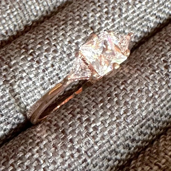 Princess Cut 18k Rose Gold Coated Over Brass Dainty 3 Stone Promise Ring - Picture 6 of 7